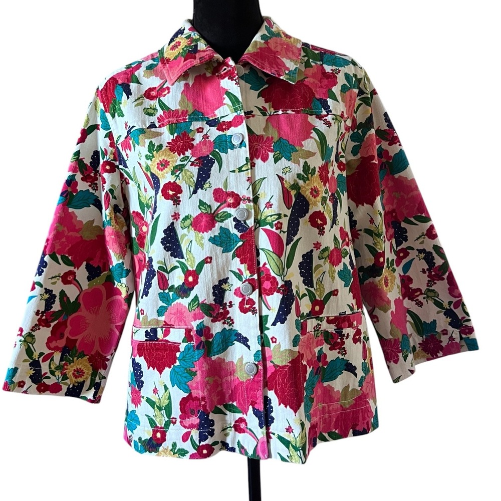 City Blues by Koret‎ Womens Large Floral Denim Chore Jacket Pink Red Multi Color